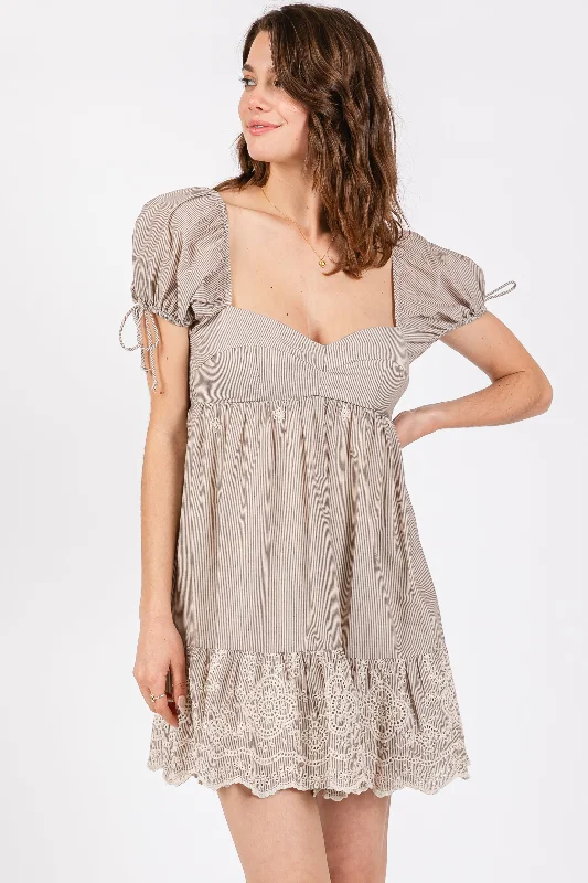 Beige Striped Floral Eyelet Mini DressBoho Dress