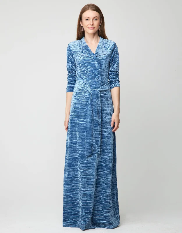 Ribbed Velvet Button Down Wrap Robe with Back Smocking and Attached Belt Soft Blue