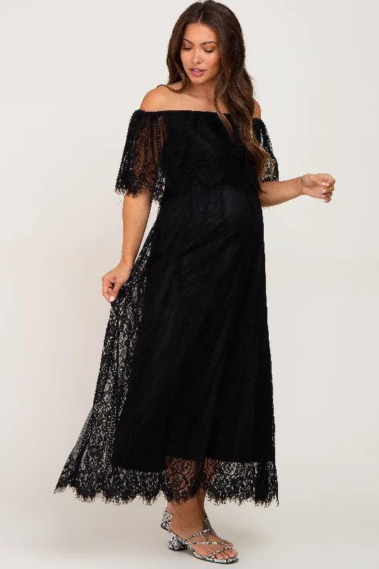 Black Lace Off Shoulder Maternity Maxi DressPuff-sleeve Dress