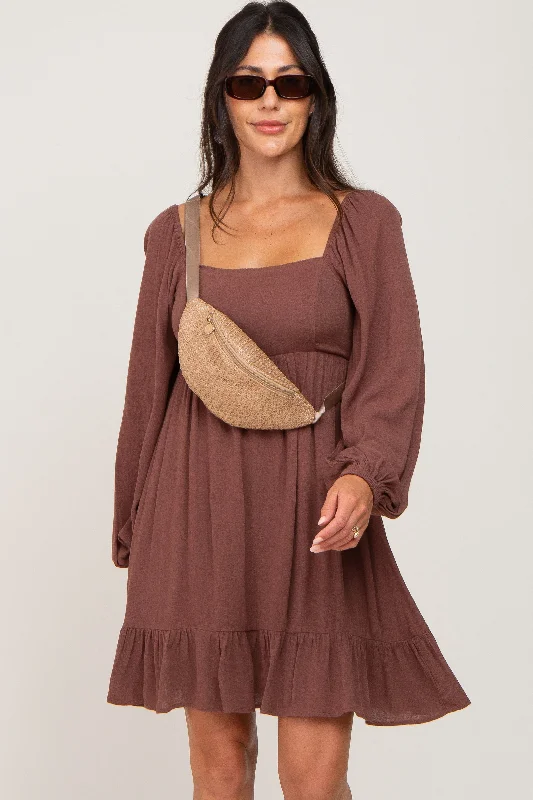 Brown Square Neck Puff Long Sleeve Dress