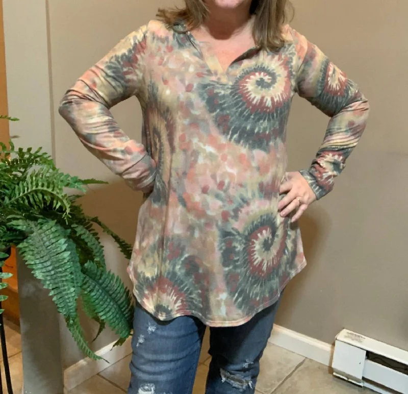 Swirl Notch Long Sleeve Top In Tie Dye