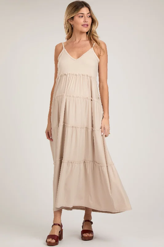 Beige Tiered Sleeveless Maternity Maxi DressGala Dress