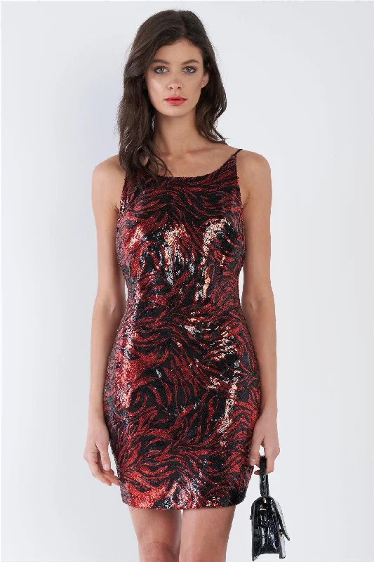 Red & Black Sequin Sleeveless Open Back Classic Mini Dress /2-2-2Athletic Dress