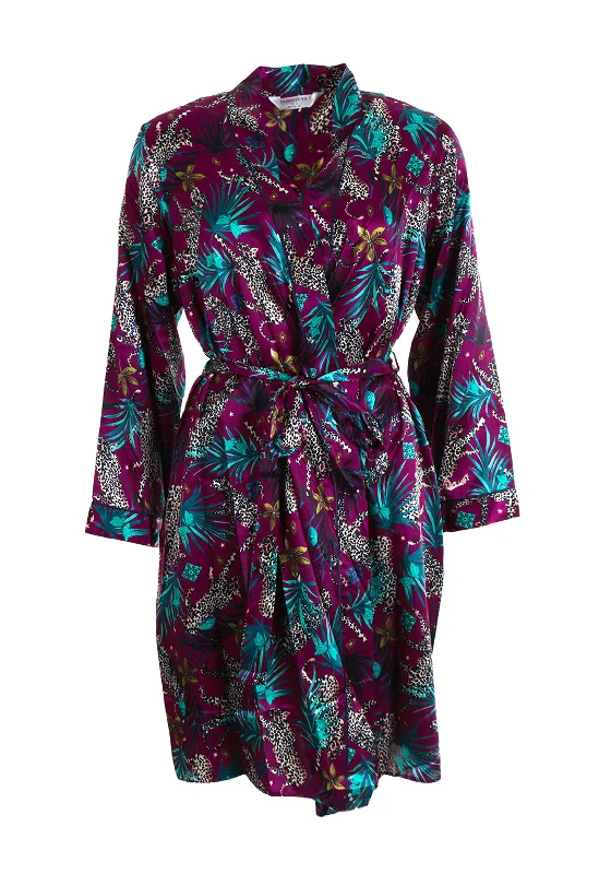 Indigo Sky Jungle Leopard Satin Wrap Around Robe, Raspberry