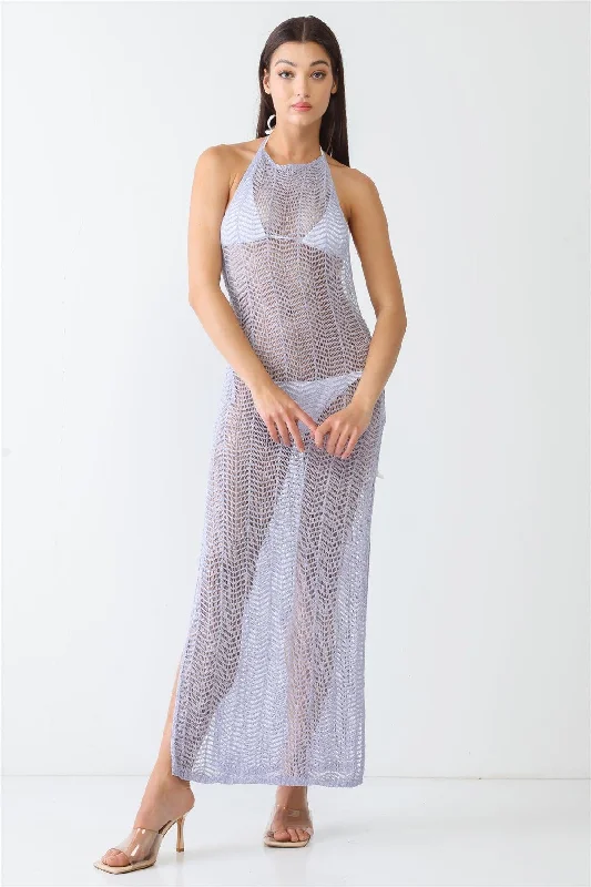 Lavender Knit Crochet Lace Sheer Sleeveless Halter Neck Open Back Maxi Dress /3-2-1High-low Dress