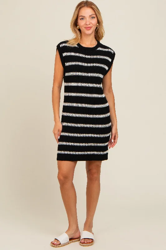 Black Striped Sweater Knit Sleeveless DressSheath Dress