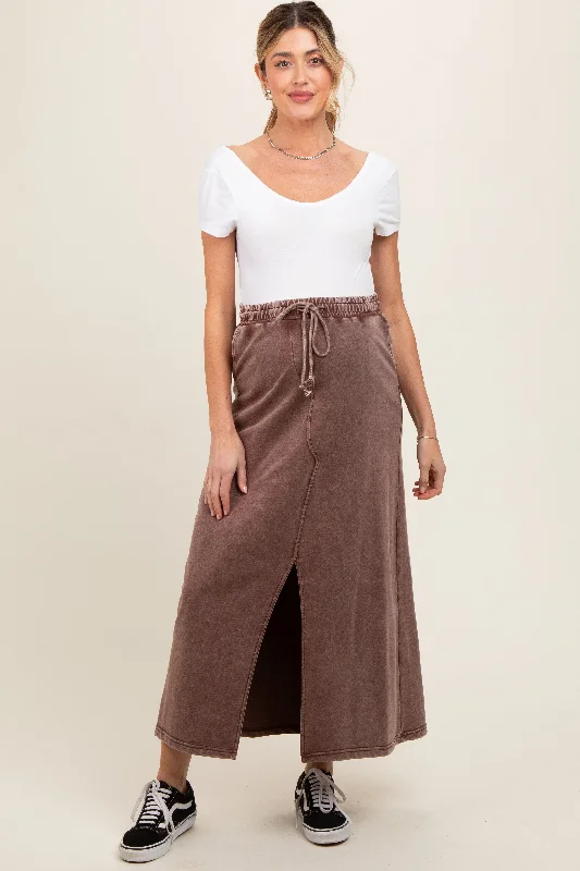 Bubble SkirtBrown Terry Drawstring Maternity Midi Skirt