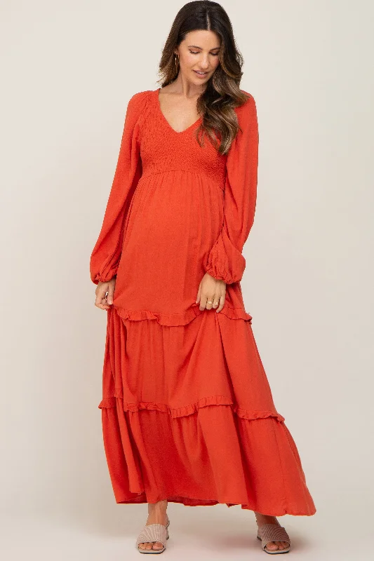 Rust Smocked Tiered Maternity Midi DressParty Dress