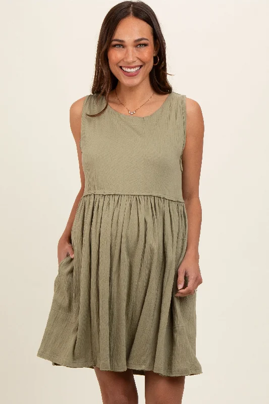 Olive Sleeveless Textured Maternity DressMini Dress