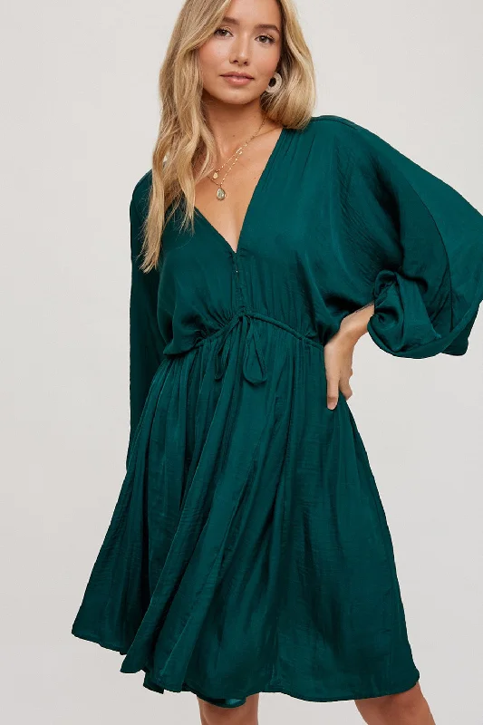 Hunter Green Satin Open-Back Dolman Sleeved DressPrairie Dress