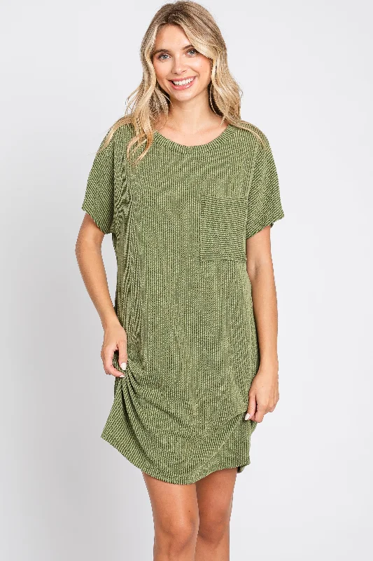 Olive Ribbed Front Pocket Dolman Short Sleeve DressShirt Dress