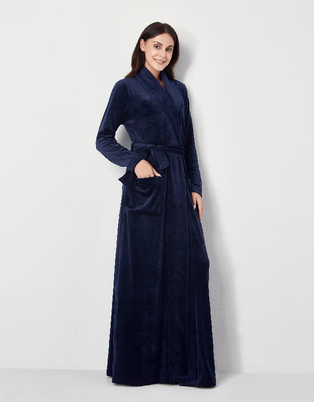 Ultra Soft Plush Velour Belted Shawl Collar Wrap Robe Navy