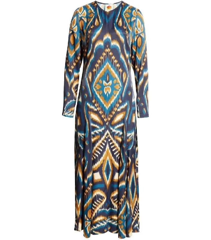 Farm Rio Women's Long Sleeve Satin Maxi Dress, Pineapple Ikat Blue