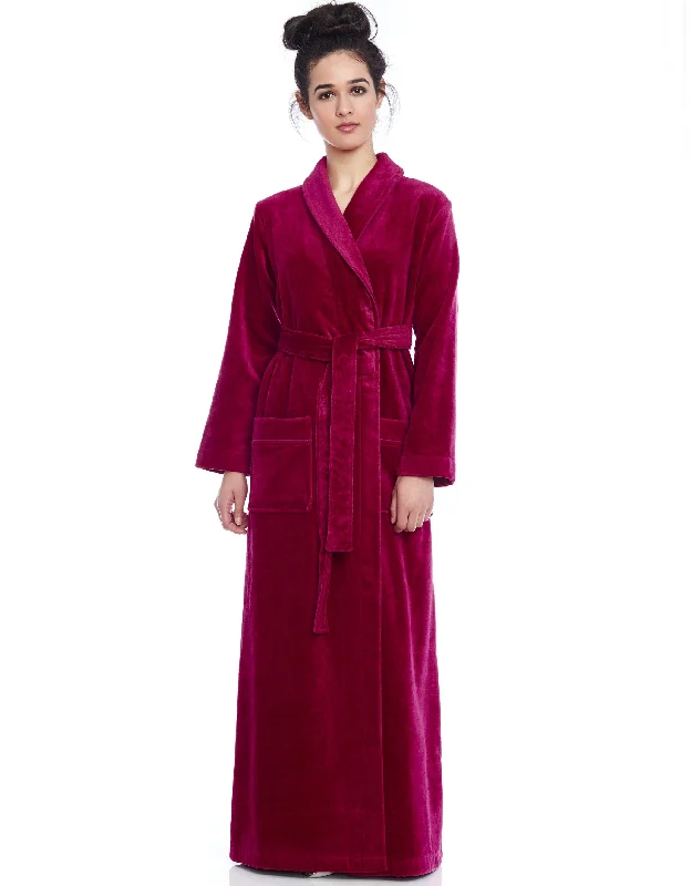 Terry Wrap Long Belted Bathrobe with Piped Trim Raspberry