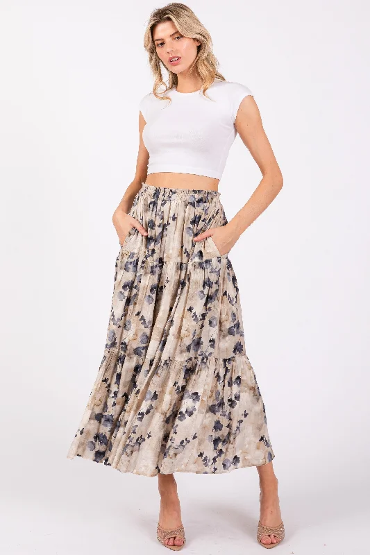 High-waisted SkirtCream Watercolor Floral Tiered Midi Skirt