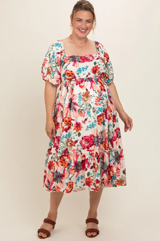 Cream Floral Puff Sleeve Maternity Midi DressGolf Dress