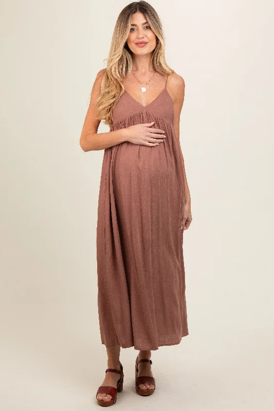 Mocha V-Neck Sleeveless Maternity Midi DressRetro Dress