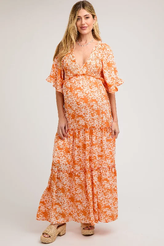 Orange Floral Smocked V-Neck Ruffle Tiered Maternity Maxi DressVintage Dress