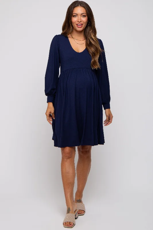 Navy Long Puff Sleeve Maternity DressVelvet Dress