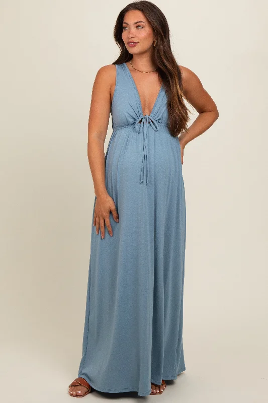 Blue Front Tie Cutout Sleeveless Maternity Maxi DressBodycon Dress