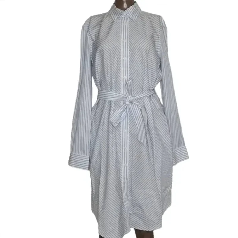 Women's Cotton Striped Long Sleeve Shirt Dress In White/blue