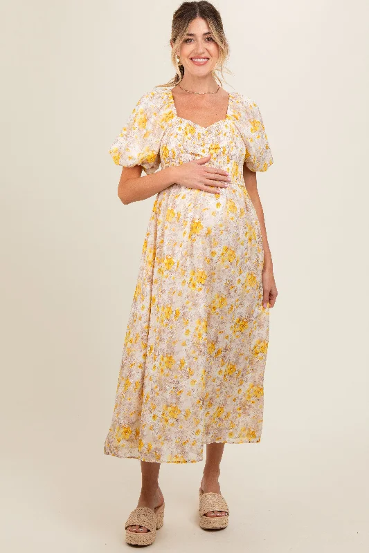 Yellow Floral Smocked Sweetheart Neck Short Puff Sleeve Maternity Midi DressCocktail Dress