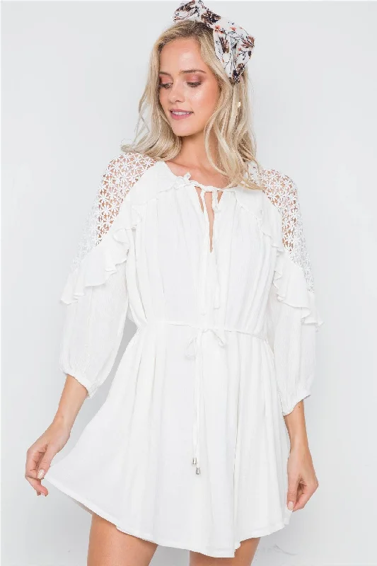 White Floral Crochet Shoulder 3/4 Sleeve Mini Dress /1-3-2-1Evening Dress