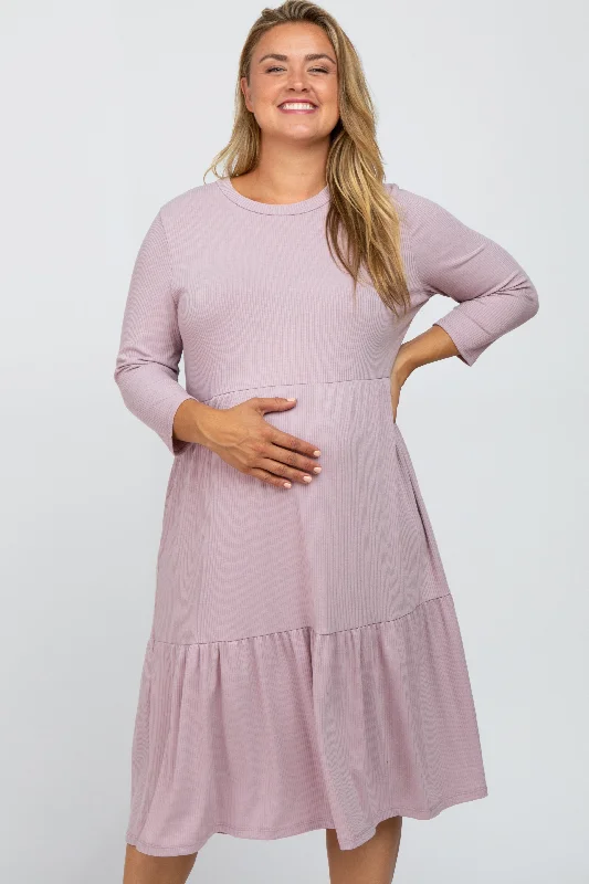 Lavender Tiered Ribbed 3/4 Sleeve Plus Maternity Midi DressCocktail Dress