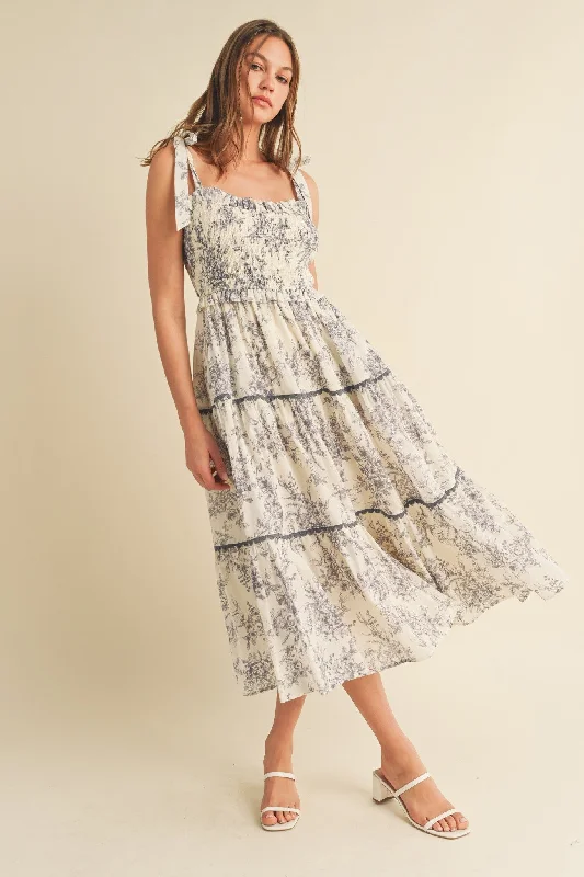 Charcoal Floral Sleeveless Ruffle Tiered Midi DressSequin Dress