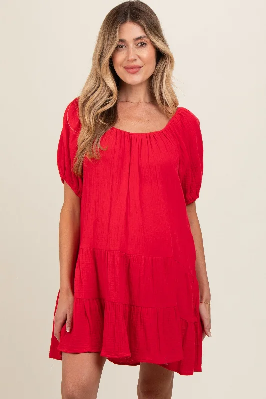 Red Ribbon Back Detail Puff Sleeve Maternity Mini DressInsulated Dress