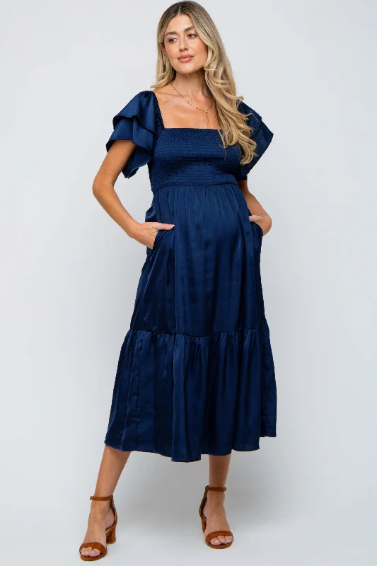 Navy Satin Flutter Sleeve Maternity Midi DressCheerleader Dress