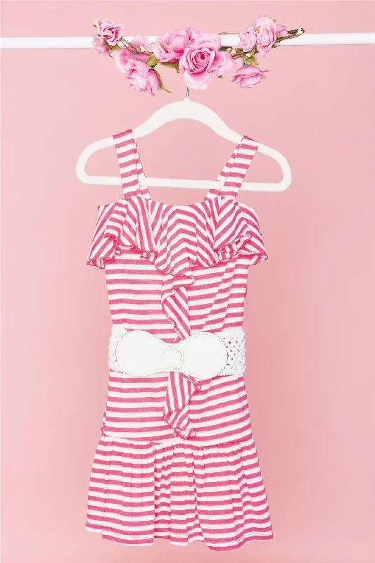 Toddler Girls Pink White Stripped Belted Front Ruffle Flounce Hem Dress /1-1-1-1-1Dance Dress