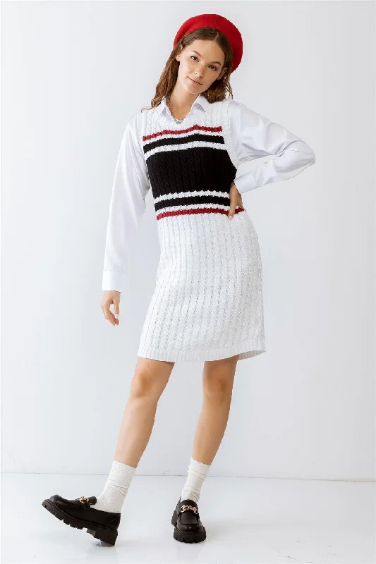 White Colorblocked Cable Knit Sleeveless Mini Dress /2-3-1Casual Dress