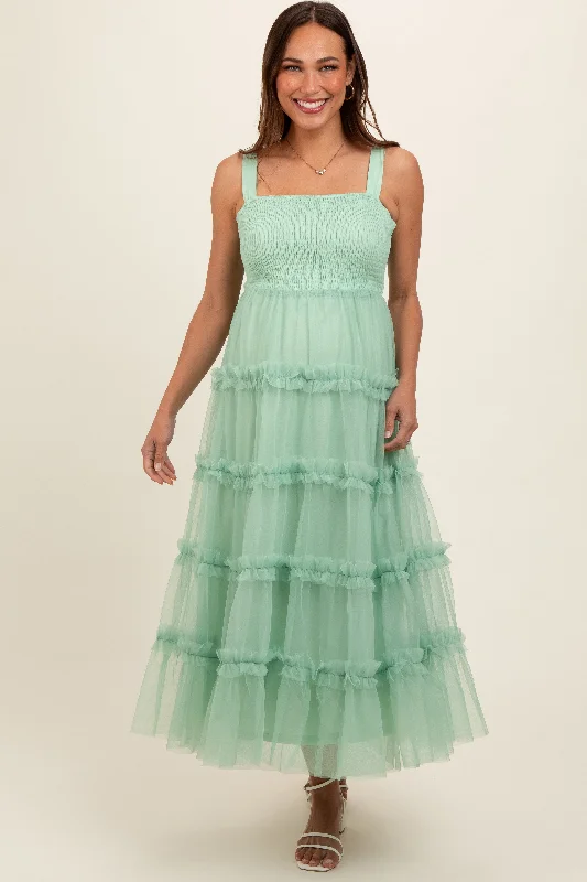 Mint Green Smocked Ruffle Tiered Tulle Maternity Midi DressModern Dress