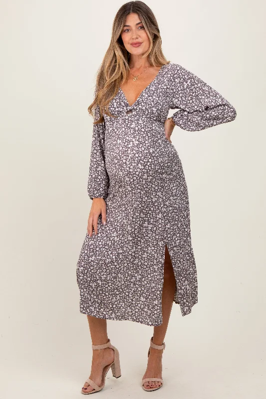 Mocha Floral Twist Front Long Sleeve Maternity Midi Dress