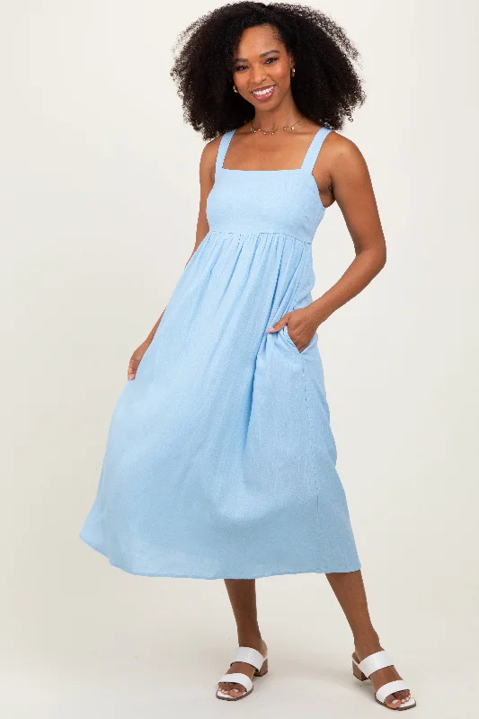 Blue Linen Blend Square Neck Midi DressPlaid Dress