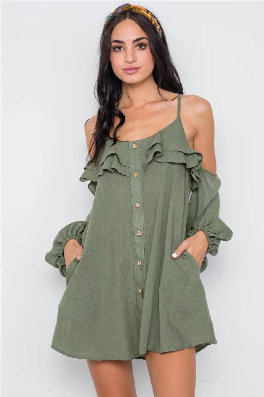 Khaki Olive Cold Shoulder Button Down Ruffle Mini Dress /1-3-2-1Midi Dress