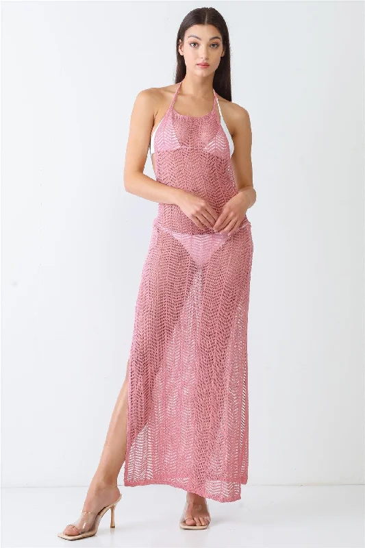 Mauve Knit Crochet Lace Sheer Sleeveless Halter Neck Open Back Maxi Dress /4-2-1Floral Dress