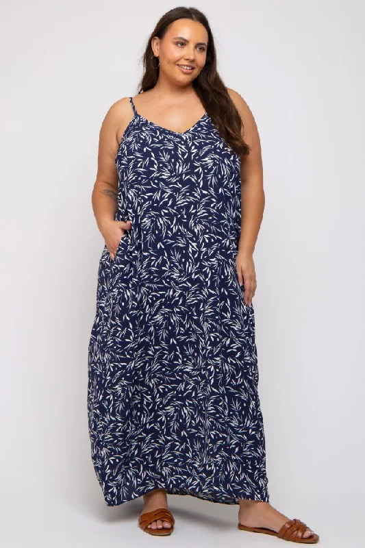 Navy Leaf Print Double V-Neck Plus Maxi DressModern Dress