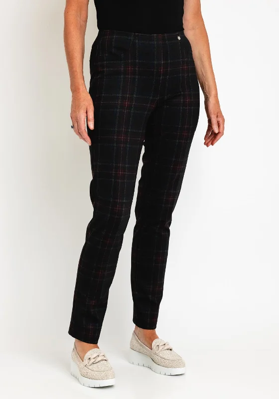 Robell Bella Full Length Slim Leg Plaid Trouser, Black