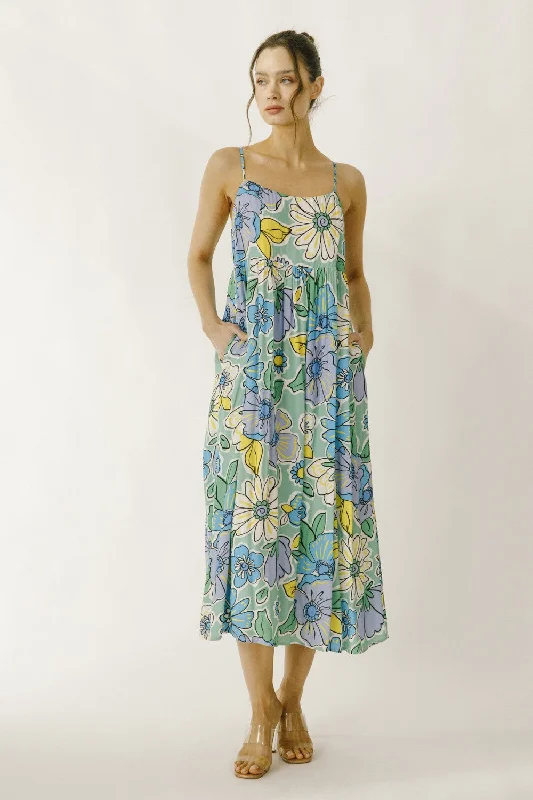 Green Floral Back Tie Midi DressA-line Dress