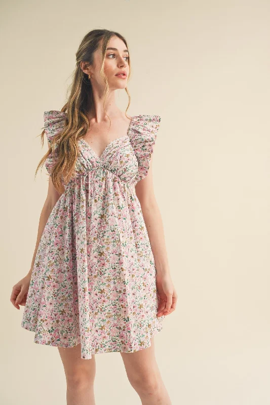 Pink Multi Floral Flutter Sleeve Mini DressUtility Dress