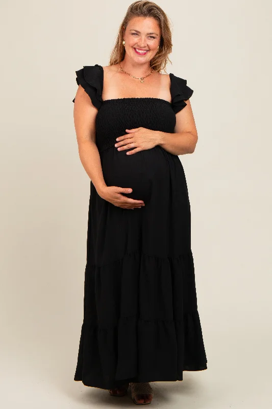 Black Smocked Ruffle Layered Short Sleeve Tiered Maternity Maxi DressUniform Dress