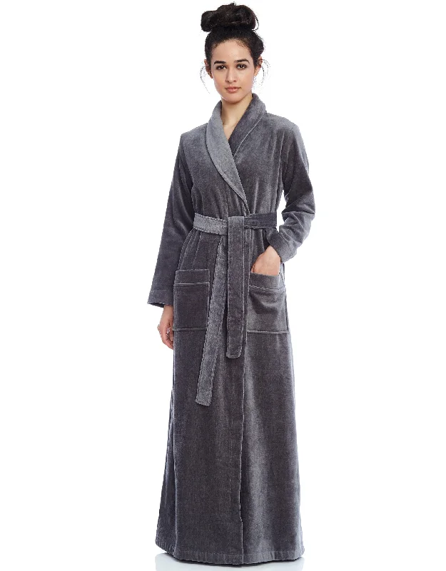 Terry Wrap Long Belted Bathrobe with Piped Trim Gray