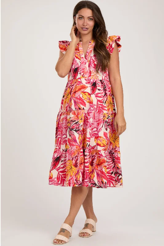 Coral Floral Flutter Sleeve Tiered Maternity Midi DressWaterproof Dress