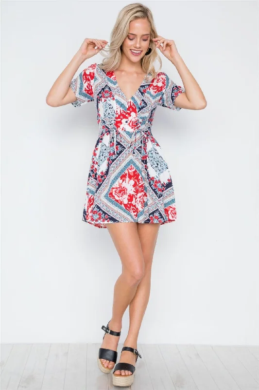 Navy Red Floral Print Short Sleeve Fit & Flair Mini Dress /2-1-2-2Cap-sleeve Dress