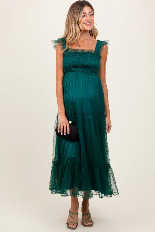 Green Mesh Overlay Smocked Maternity Midi DressStriped Dress