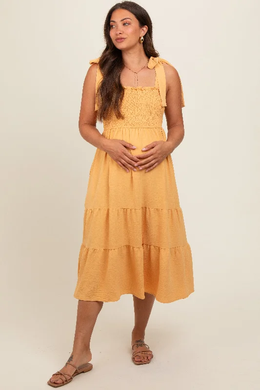 Yellow Smocked Tie Strap Tiered Maternity Midi DressMilitary Dress