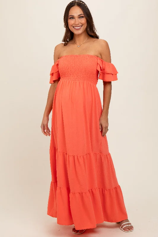 Orange Smocked Ruffle Off Shoulder Tiered Maternity Maxi DressKimono Dress