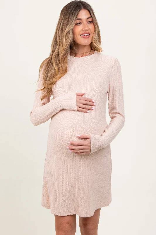 Cream Textured Knit Ruffle Neck Long Sleeve Maternity Mini Dress